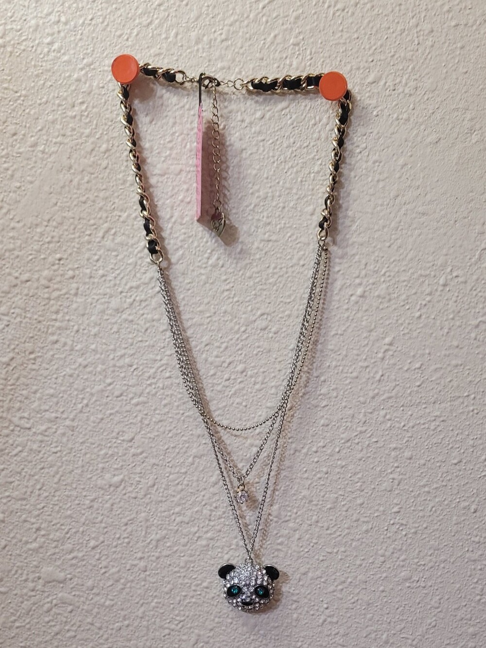 Betsey Johnson Silver Layered Necklace with Pink Bar and Black Weave